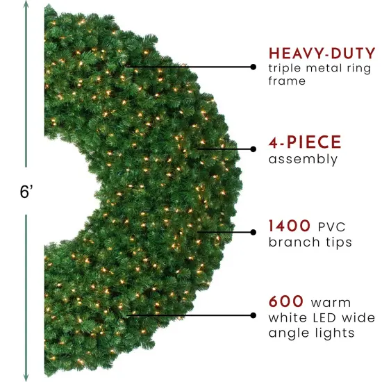 Northlight Pre-Lit Olympia Pine Commercial Artificial Christmas Wreath - 6' - Warm White Lights Green {4}