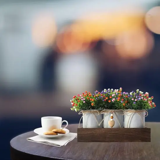 Decorative Centerpiece Wooden Tray with 3 Metal Potted Artificial Milan Flowers Rustic Country Farmhouse D&eacute;cor for Dining Room, Living Room and Kitchen Table {2}