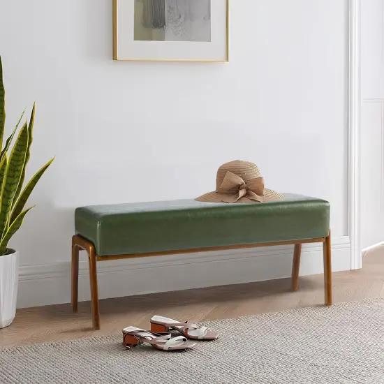 42.25"W Mid-century Modern Hunter Green Leatherette Bench with Walnut Rubberwood Legs {2}