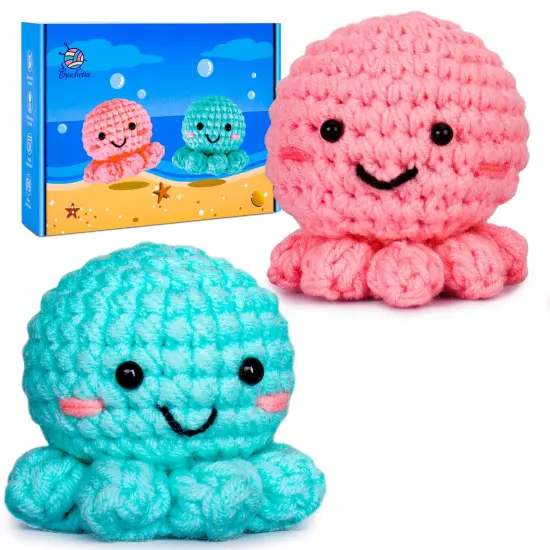 Crochetta Crochet Kit for Beginners, Amigurumi Crocheting Animals Kits w Step-by-Step Video Tutorials, Knitting Starter Pack for Adults and Kids, Jumbo 2 Octopus Familly (40%+ Yarn Content) {1}