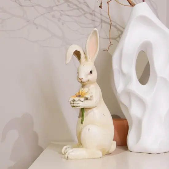 Easter-Decorations - Spring Bunny Decor - Table Centerpiece - Spring Figurines - Indoor Bunny Statues with Flower Farmhouse Office Room Decor for Table Decor 5 * 4.25 * 11.75 inch {4}