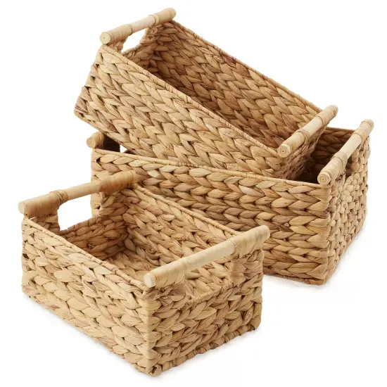 3-Piece Hyacinth Rectangular Storage Basket Set w/ Wood Handles, Natural Wicker {3}