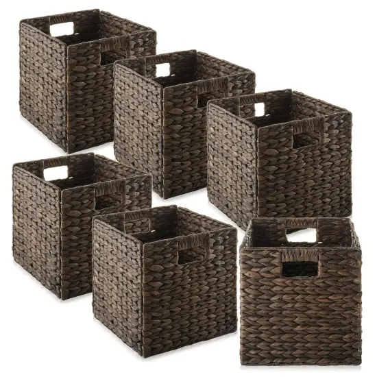 Set of 6 Hyacinth Storage Cubes, 10.5" Wicker Basket Bins for Shelves, Espresso {1}