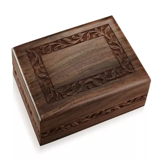 Rosewood Hand-Carved Wood Memorial Cremation Box with Velvet Bag - Medium {4}