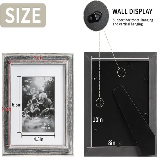 8x10 Rustic White Wood Picture Frame with Mat for 5x7, Weathered Solid Wood Frame with Real Glass {4}