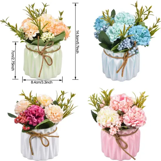 Set of 4 Mini Artificial Hydrangea Plants &ndash; Faux Flowers in Pots for Home & Office D&eacute;cor {2}