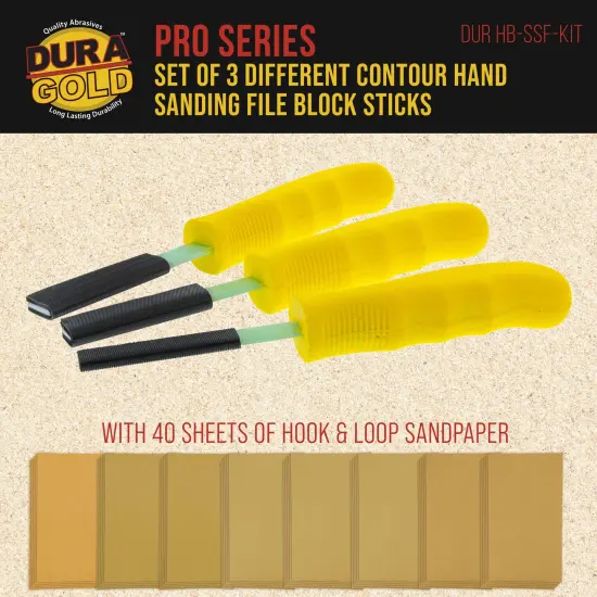 Dura-Gold Set of 3 Different Contour Hand Sanding File Block Sticks with 40 Sheet Hook & Loop Sandpaper Kit - Flat Convex Radius Profile Shapes {2}
