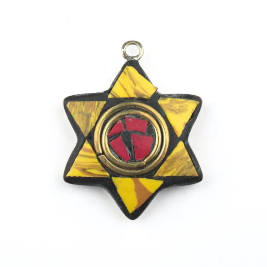 The Bead Chest Nepali Star of David Pendant: Authentic Ethnic Judaica Brass Charm Inlaid with Stone for DIY Necklace and Jewelry (Yellow & Red) {1}