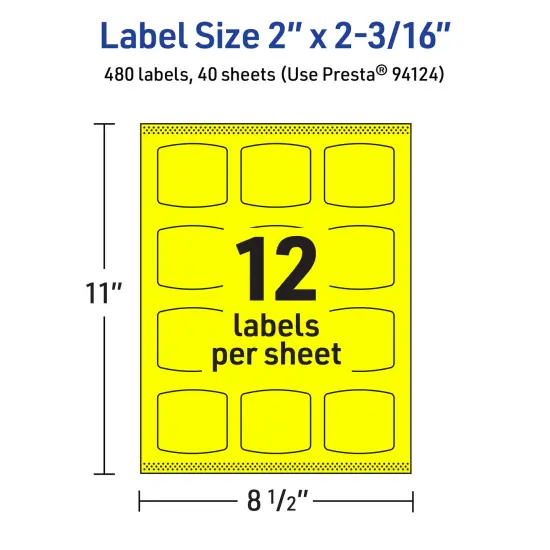 Avery Neon Yellow Paper Labels, 2" x 2-3/16" Arched Square {5}