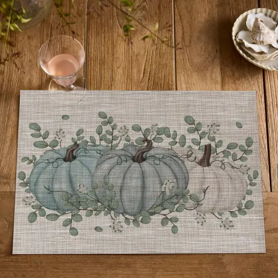 Set of 4 Pumpkin Leaves Fall Vinyl Placemats - 12" x 18" (Blue) {1}