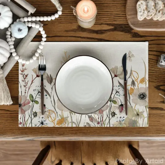Set of 4 Wildflowers Floral Fall Placemats - 12x18 Inch (Beige) {2}