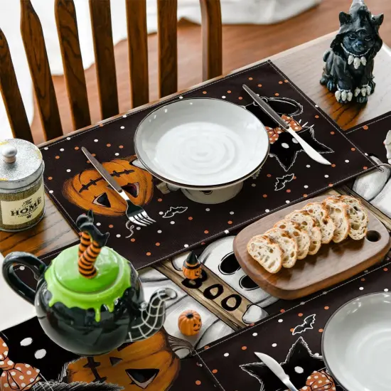 Set of 4 Polka Dot Halloween Placemats - 12x18 Inch (Black) {3}