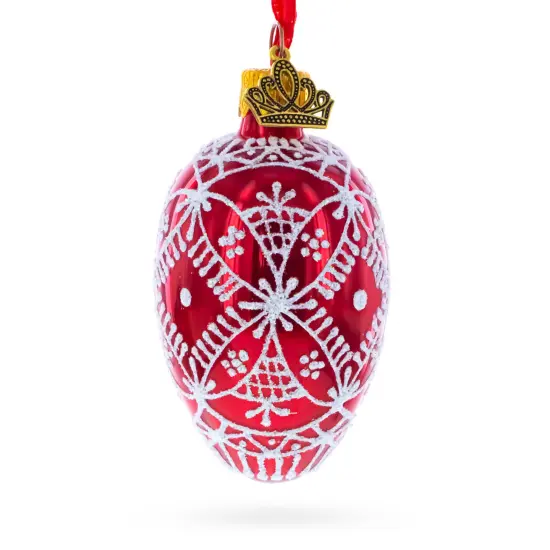 Red with White Glitter Snowflake Lace Design Mini Glass Egg Ornament 2.9 Inches {4}