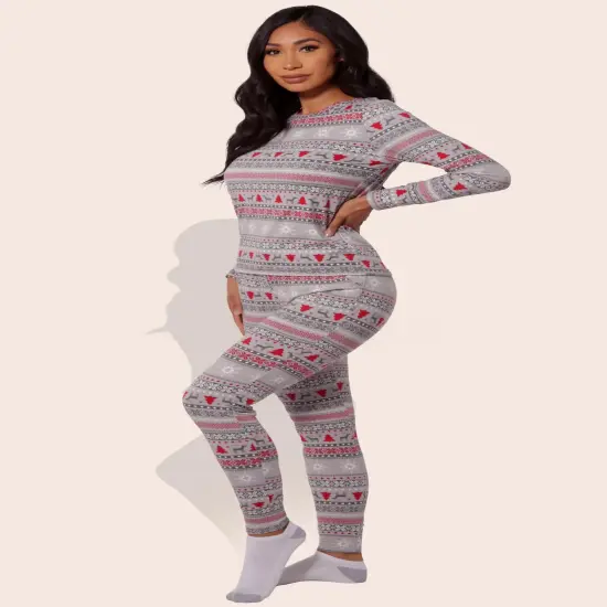 Women's Holiday Fleece Pajama Set Cozy Top & Sweatpants Gray, Red & White {5}