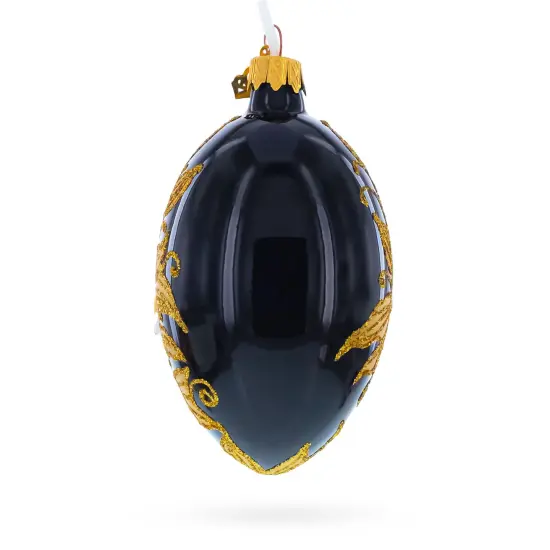 Black and Gold Floral with Jewel Accents Glass Egg Ornament 4 Inches {4}