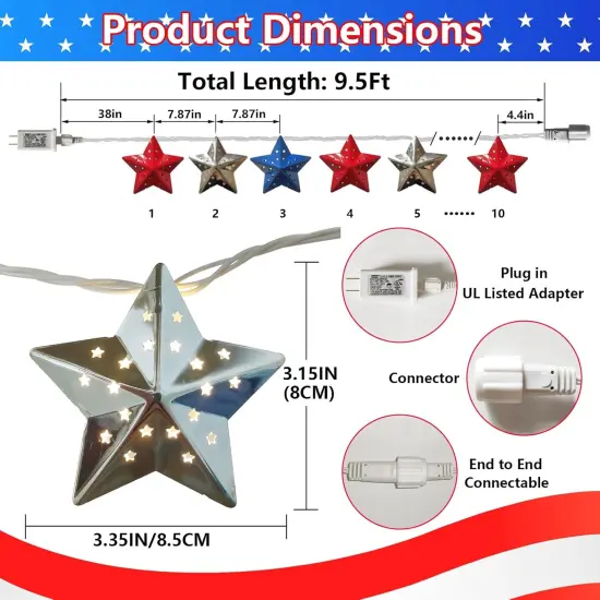 4th of July Decorations Red White and Blue Star Lights 9.5Ft 10 LED Star String Light, Plug-in Patriotic Decor Lights for Indoor Outdoor Fourth of July Independence Day Memorial Day Patriotic Decor {2}