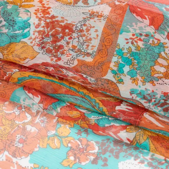 1 Yard Turquoise Peach and Orange Ornamental Gardens Crinkled Silk Chiffon Sheer Lightweight, 54 Inches Wide {3}
