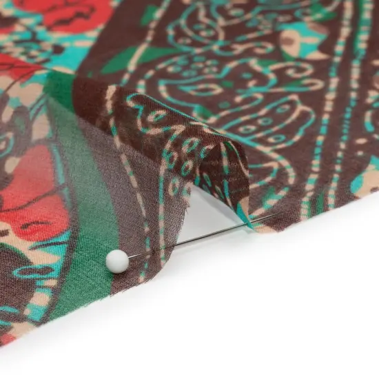 1 Yard Chocolate Berry Turquoise Floral Geometric Diagonal Stripes Silk Chiffon, 54 Inches Wide {2}