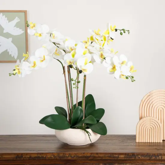 Nearly Natural Phalaenopsis Orchid Artificial Floral Arrangement with Ceramic Planter - 23" - White {1}