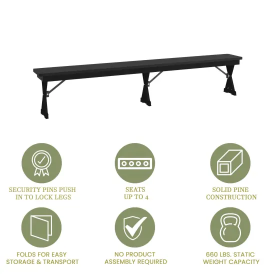 Merrick Lane Tinsley 8' x 12" Solid Pine Folding Farmhouse Style Bench, Rustic Pinewood Folding Dining Bench with Locking X-Legs Black Wash {4}
