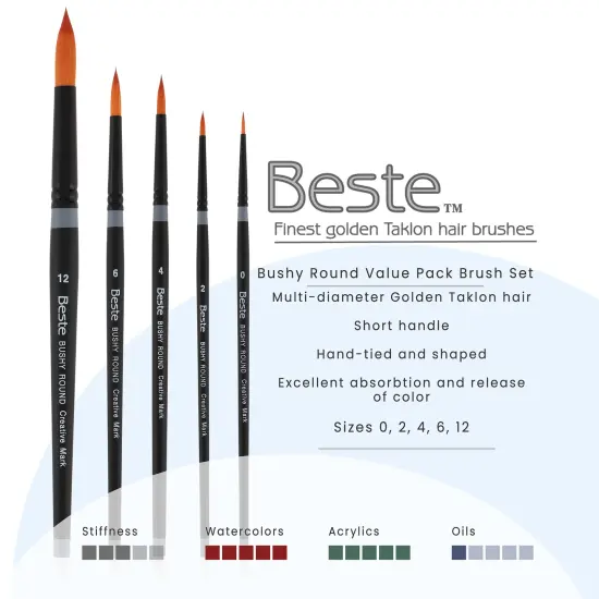 Creative Mark Beste Golden Taklon Bushy Round Set of 5 Artist Paint Brush, Professional Watercolor Brushes, For Acrylic Painting, Short Handle, Sharp Edges, Hand-Tied & Shaped {3}