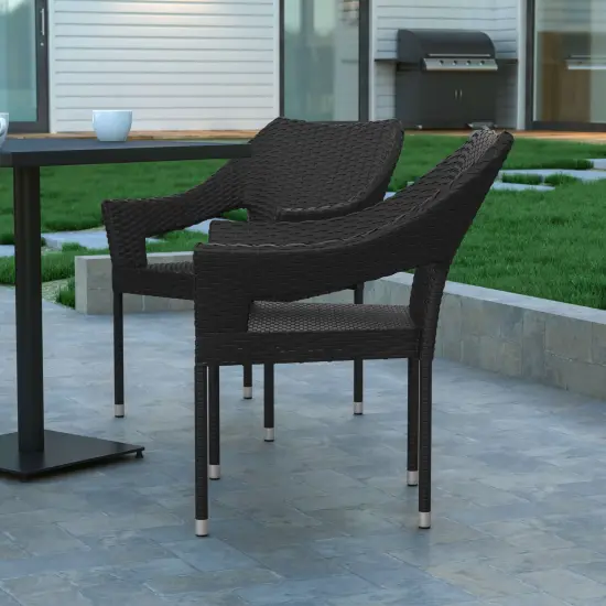 Emma and Oliver Embry All-Weather Indoor/Outdoor Stacking Patio Dining Chair with Steel Frame and Weather Resistant PE Rattan Black {6}