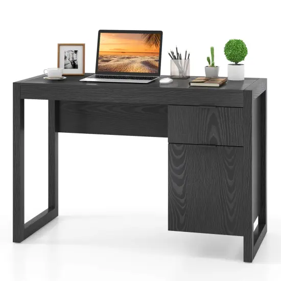 Costway Computer Desk with Storage Cabinet Pull-out Drawer Stable Thick Legs for Bedroom White/Black {1}