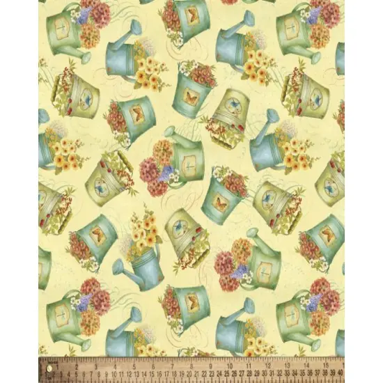 Flowers in Watering Cans Cotton Fabric | By the Yard | Sewing and Crafting | 44 inches wide {1}