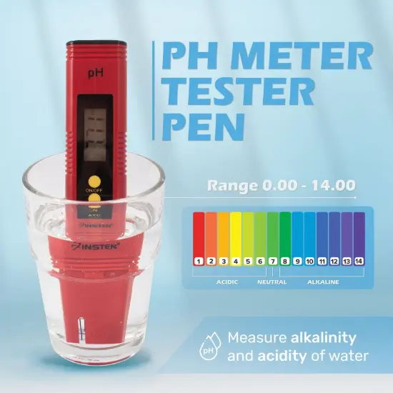 Insten - Digital pH Meter Tester Pen for Water Hydroponics, High Accuracy, Pocket Size, 0-14 pH Measurement Range, Red {2}