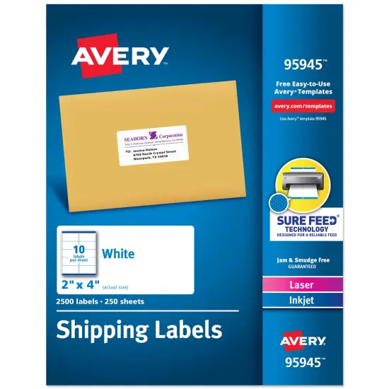 Avery Printable Shipping Labels with Sure Feed, 2" x 4" Customizable Stickers, White, 2,500 Blank Mailing Labels, Great for Mailing, Shipping, and More (95945) {1}