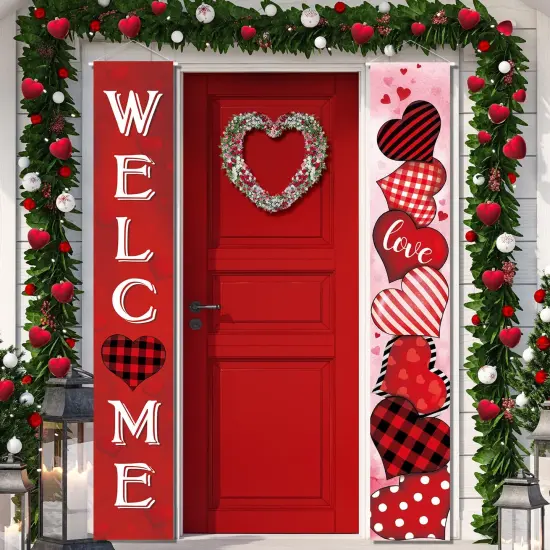 2 Pcs Valentine's Day Door Banner Decoration Valentine Hanging Front Porch Welcome Sign Red Buffalo Plaid Love Heart Banner Romantic for the Home Wall School Office Indoor Outdoor Party Supplies Decor {1}