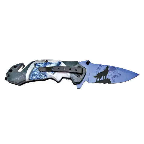 Collections Etc Foldable Blue Wolf Stainless Steel Collectible Knife {2}