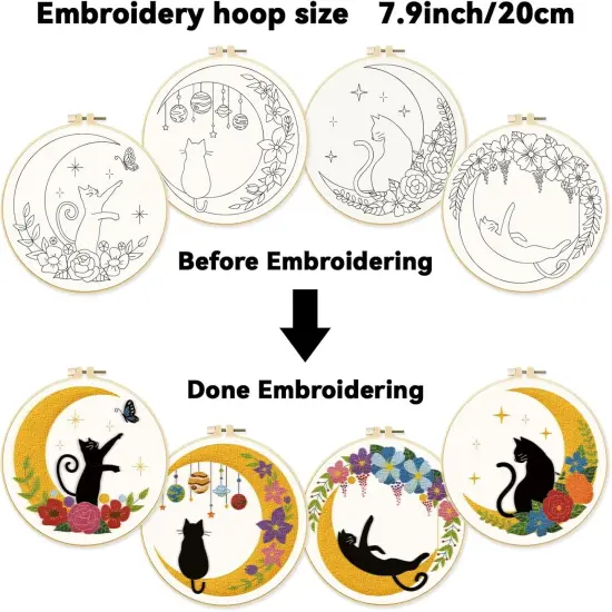 4 Pack Cat Moon Embroidery Kits for Beginners {3}