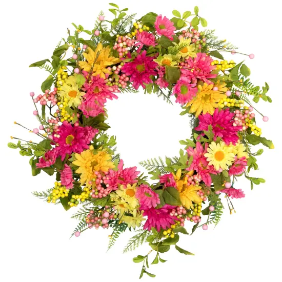 Northlight Gerbera Daisy, Berries and Daisy Floral Spring Wreath - 23" - Pink/Yellow {3}