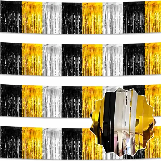 4 Pack 10 Ft Black Gold Silver Foil Fringe Garland Metallic {1}