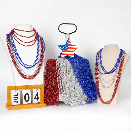 50PCS 4th of July Round Beads Necklace Bulk(Red Silver and Blue) {4}