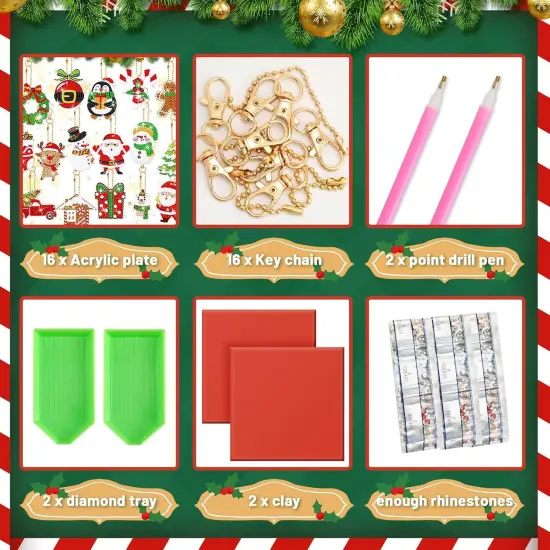 16Pcs Christmas Art Painting Keychain Kits 5D {4}