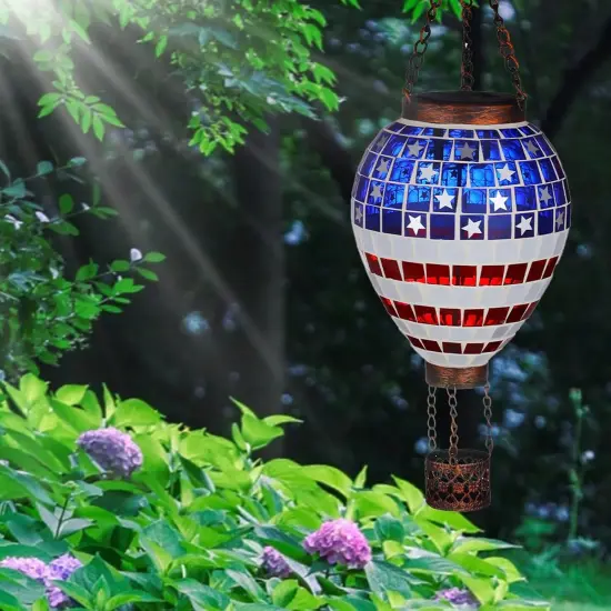 American Flag Hot Air Balloon Solar Lantern, Mosaic Outdoor Hanging Wind Light, IP44 Waterproof, Patio Decorations, Gift for Mom Wife Friend {2}