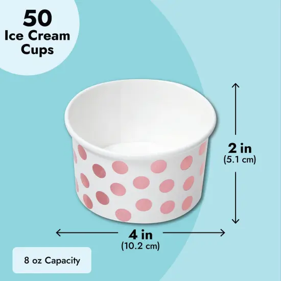 50-Pack Paper Ice Cream Cups for Frozen Yogurt, Sundae Bar, Parfaits, Treats, Diners, Restaurants, Bakeries, Disposable Dessert Bowls with Rose Gold Foil Polka Dots (8 oz) White {4}
