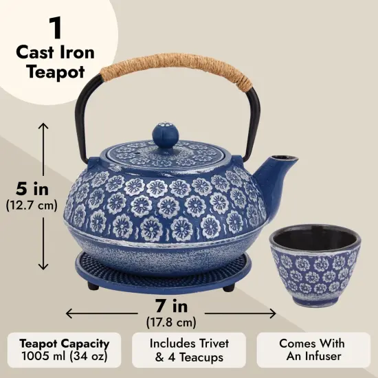 6 Piece Set Japanese Cast Iron Teapot with Infuser, 4 Teacups, and Trivet (32 oz, Blue) {3}