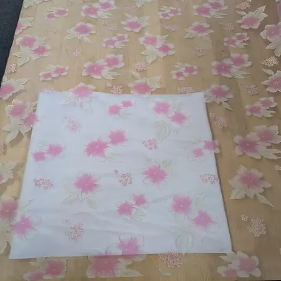 1 Yard White Organza Fabric with Pink Flowers Metallic Gold Sheer Polyester 58/59 inches wide {2}