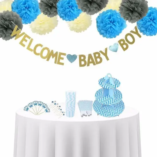 Welcome Baby Cake Toppers Blue Paper Flower Cupcake & Party D&eacute;cor {2}