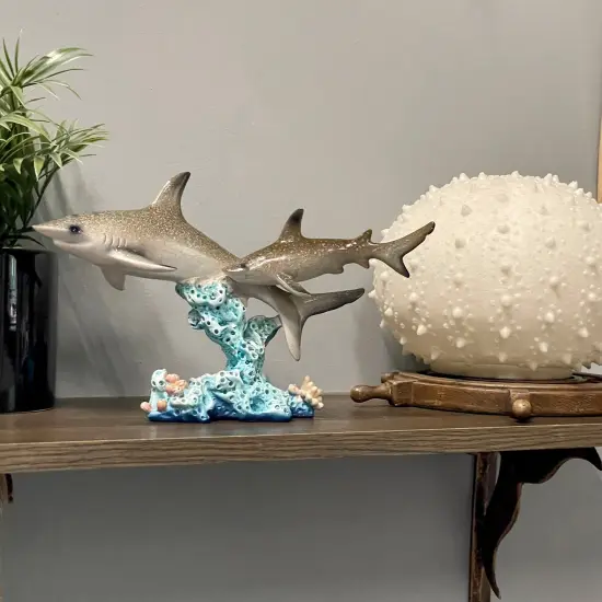 Double Sharks on Coral Statue 10" Hand-Painted Ocean Marine Decor {7}