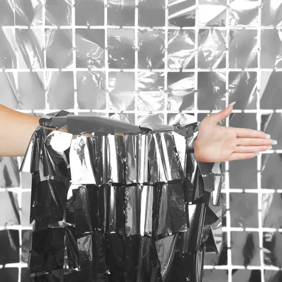 3ft X 6.5ft Foil Squares Curtain Metallic Silver Party Backdrop Decoration {1}