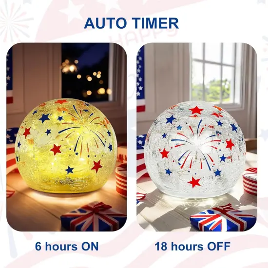 4th of July Decorations - Crackle Glass Ball Light with Timer - Red White Blue LED Tabletop Decor {3}