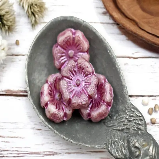 *12* 12mm Gold Lustered Metallic Pink Etched Pink Hawaiian Flower Beads {1}