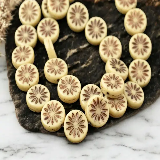 *12* 12mm Dark Bronze Washed Opaque Ivory Aster Flower Coin Beads {4}