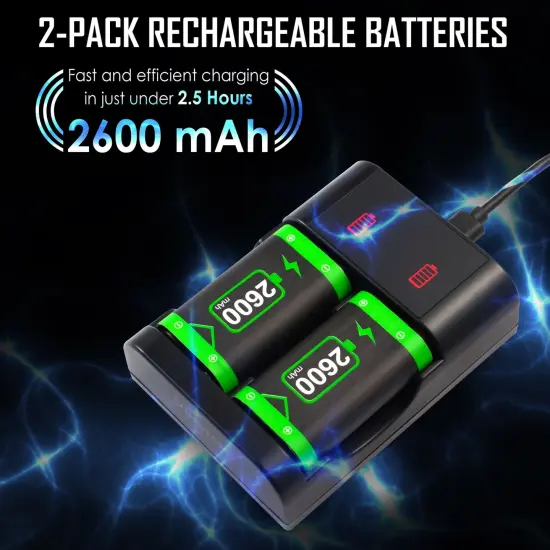 Insten 2 Pack 2600mAh Rechargeable Battery For Xbox Series X / Series S / One / Elite Controller, with Charging Station and USB-C Fast Charger Cable {3}