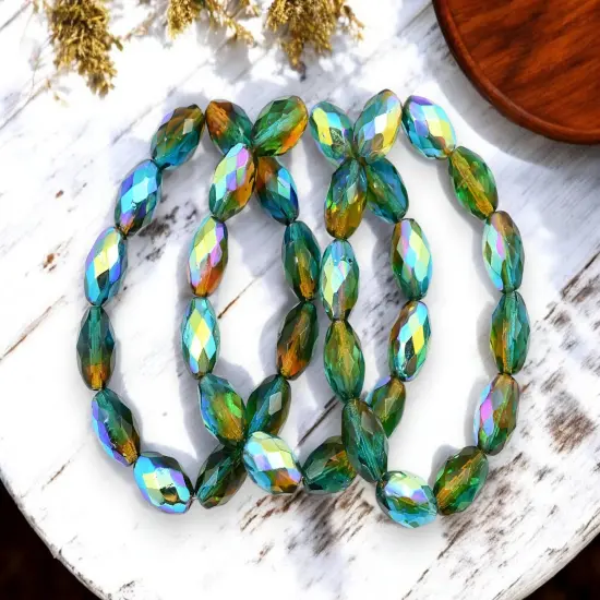 *12* 12x8mm Teal Amber AB Fire Polished Faceted Oval Beads {3}