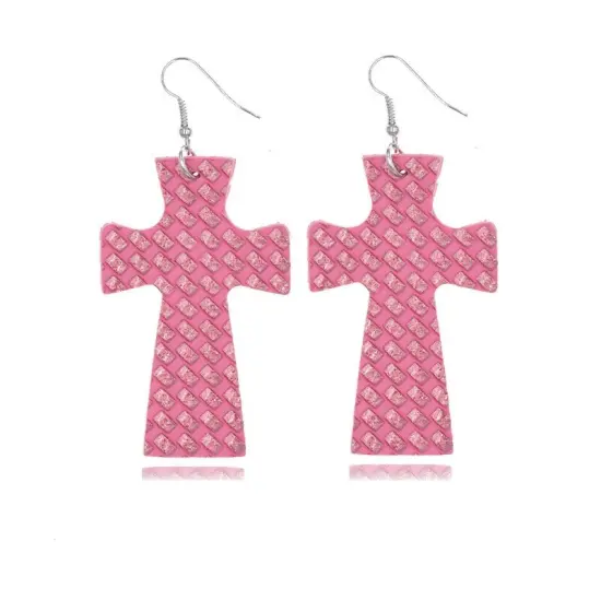 Glitter Marble Cross PU Leather Boho Dangle Earrings Pink {1}
